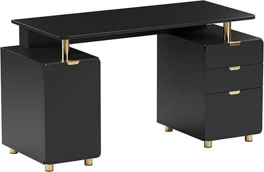 Elegant 57" W Executive Desk with 3 Drawers and Storage Cabinet, Modern Office Desk with Gold Accents, Floating Work Surface, Closed Storage with Ventilation & Adjustable Shelf (Black,Gold)