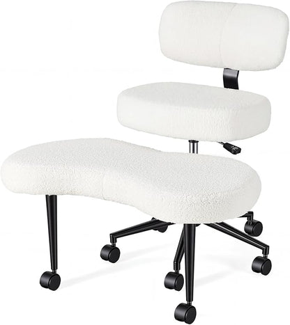 DUMOS Ergonomic ADHD Meditation Office Desk Chair with Adjustable Backrest, Cross Legged Chair Height Adjustable with 360° Swivel Footstool, Yoga Stool for Home Office, Teddy Fabric White