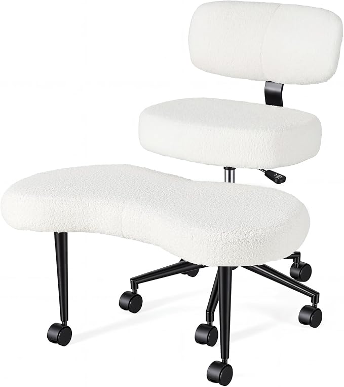 DUMOS Ergonomic ADHD Cross Legged Office Desk Chair with Adjustable Backrest, Height Adjustable Meditation Chair with 360° Swivel Footstool, Teddy Fleece Yoga Stool for Home Office, White