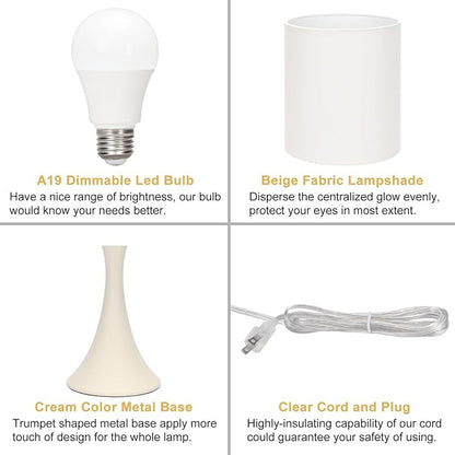Seaside village Dimmable Bedside Lamp, 3 Way Touch Control Table Lamp, Modern Nightstand Lamp with Beige Shade and Cream Base, Small Desk Lamp for Living Room, Dorm, Home Office, 9W LED Bulb Included