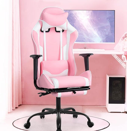 BestOffice | Ergonomic Gaming Chair | Pink | Reclining Computer Chair with Lumbar Support, Headrest Pillow, Adjustable Footrests | 360 Swivel with Heavy Duty Wheels | for Home & Office
