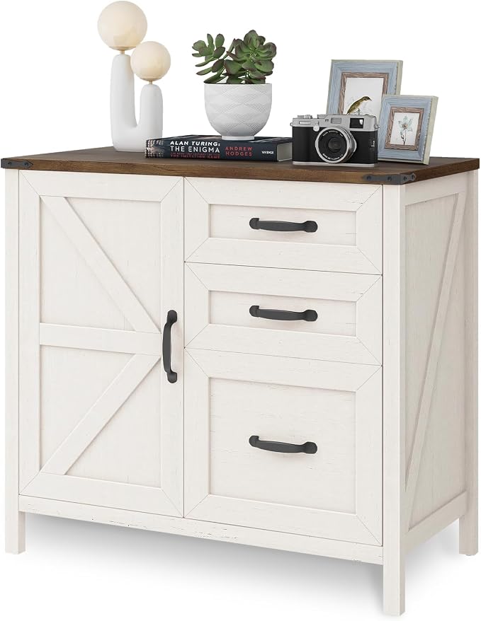 Halitaa Lateral File Cabinet with 3 Drawers, Farmhouse File Cabinet for Letter/A4 Size Hanging Files, Large Wood File Storage Cabinets Printer Stand for Home Office Furniture, Rustic White