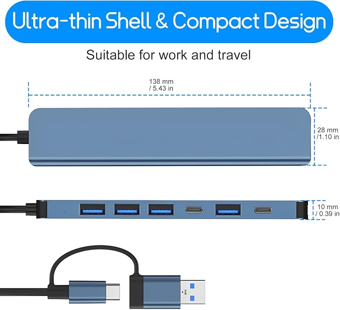 USB Hub 3.0,USB c hub,USB hub with Multiport Adapter, USB Splitter with 1xUSB 3.0,4xUSB2.0,2 x USB C,Hub for MacBook Pro/PC/Laptop/Tablet Devices (Grey 7in1)