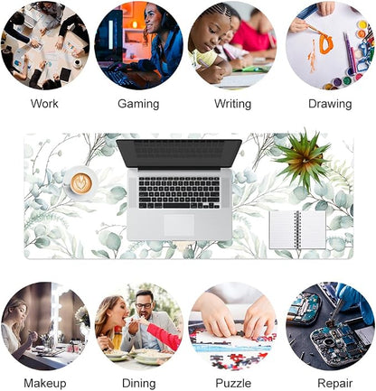 QIYI Large Mouse Pad for Desk, Cute Desk Mat for Desktop, Women Girls Green Office Décor Desk Accessories, PU Leather Waterproof Gaming Mousepad, Eucalyptus Leaf Desk Pad Computer Mat, 31.5" x 11.8"