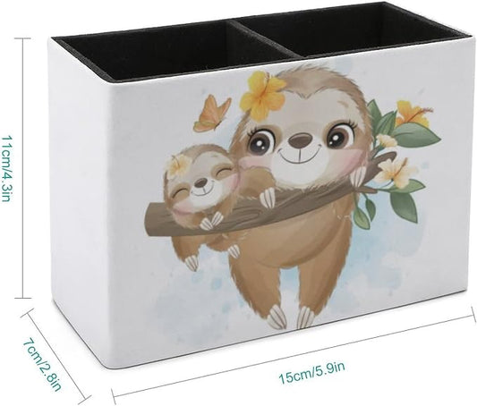 Niapessel Pencil Holder for Desk, Cute Little Sloth Pen Holder Storage Desktop Pen Organizer Desk Pencil Organizer Makeup Brush Holder for Office School College Leather