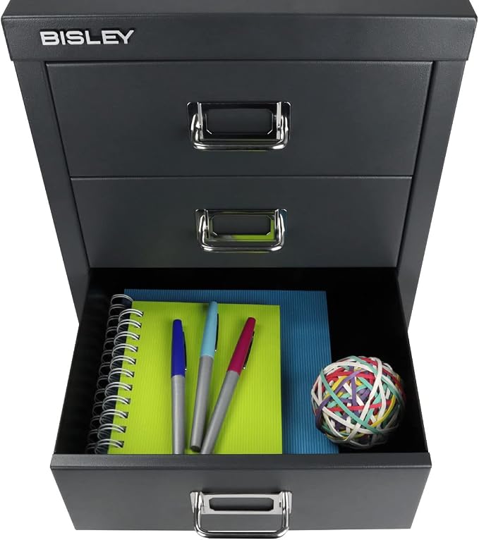 Bisley 3-Drawer Steel MultiDrawer Cabinet - Anthracite Grey | Chrome Pull Handles with Label Holders, Powder-Coated Steel, Removable Drawers, Desktop Storage, Labels Included