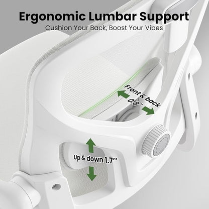 Soohow Office Chair, Ergonomic Office Mesh Desk Chair with Adjustable Back Support, High Back Comfy Computer Swivel Chair with Headrest, Lumbar Support for Study Room, Gaming and Office, White & White