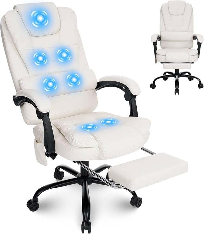HOFFREE Massage Office Chair with Foot Rest 7 Points Vibration Ergonomic Executive Desk Chair Leather Computer Office Chair Beige