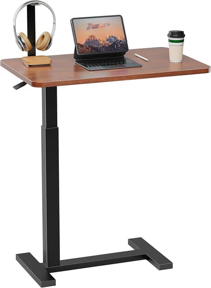 Simple Deluxe Adjustable Overbed Bedside Table with Wheels, Pneumatic Adjustable Hospital & Home Use Bed Table, Rolling Laptop Table, Mobile Standing Desk, Brown