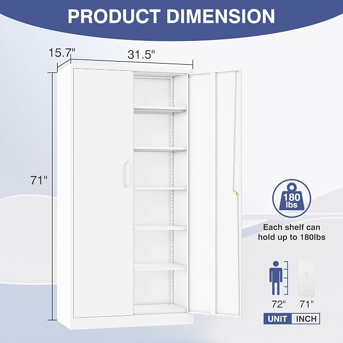 Metal Storage Cabinet with Lock,Tall White File Cabinet with 2 Doors and 5 Adjustable Shelves,Steel Storage Cabinets for Garage,Home Office,Pantry,School,Hospital