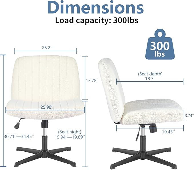 DUMOS Criss Cross Chair No Wheels, Cross Legged Office Desk Armless Vanity Chair Wide Seat, Height Adjustable Swivel Task Computer Chairs for Home Bedroom, Beige Teddy