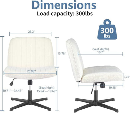 DUMOS Criss Cross Chair No Wheels, Cross Legged Office Desk Armless Vanity Chair Wide Seat, Height Adjustable Swivel Task Computer Chairs for Home Bedroom, Beige Teddy