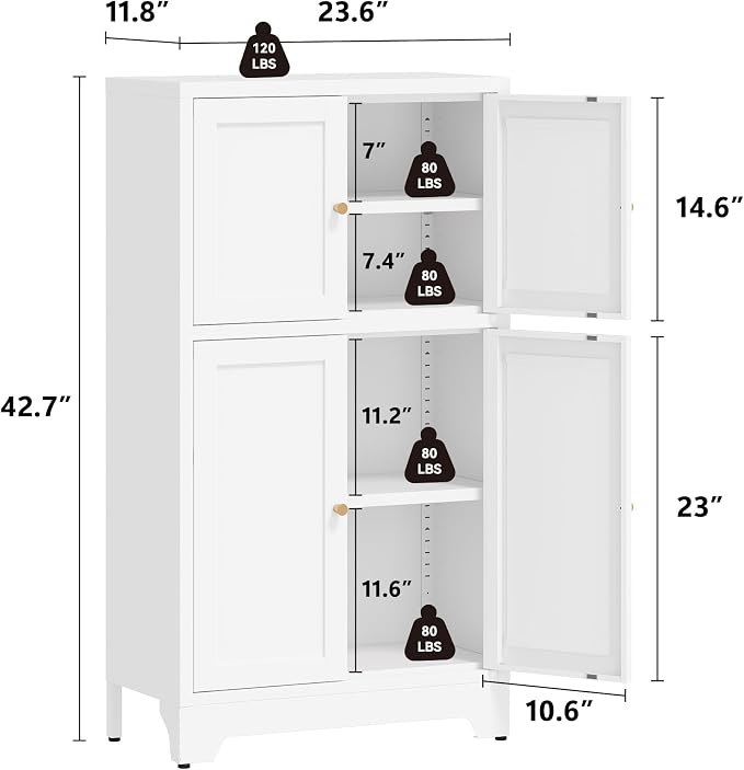 Metal Pantry Cabinet,Tall Kitchen Pantry Storage Cabinet with 4 Doors and 2 Adjustable Shelves,White Freestanding Cupboard Cabinet for Kitchen,Living Room,Dining Room,Home