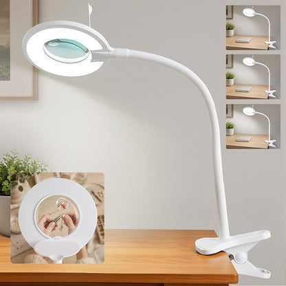 Clip On Magnifier Desk Lamp, Flexible Gooseneck, 2-in-1 Magnifying Glass 3X+6X Led Work Light for Reading, 3 Dimmable Office Magnifying Lamp, Hands Free Mag Desk Lamp for Crafts Sewing Needlepoint