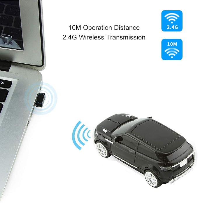 CHUYI Cool Sports Car Shaped Wireless Optical Mouse 1600 DPI Cordless Office School Mice with USB Receiver for PC Computer Laptop Gift (Black-1 Pack)
