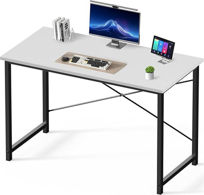 Sweetcrispy Small Computer Desk, 47" Office Writing Desk with Metal Frame & Wooden Top, X-Shaped Reinforcement, Student Study Home Bedroom Table, White