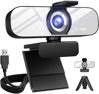 HD 1080P Webcam with Built-in Microphone and Rotatable Tripod, 1080P Video and Wide Angle Camera, Privacy Cover, for Desktop PC or Laptop Computer （White）
