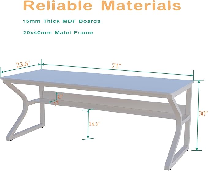 OSCHF Extra Long Desk with Bookshelf - 71" Double Long Writing Table for 2-Person Workstation, Modern Study Work Computer Desk for Home and Office, Warm White