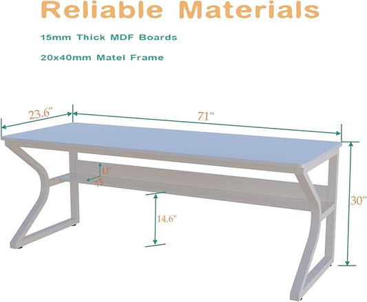 OSCHF Extra Long Desk with Bookshelf - 71" Double Long Writing Table for 2-Person Workstation, Modern Study Work Computer Desk for Home and Office, Warm White