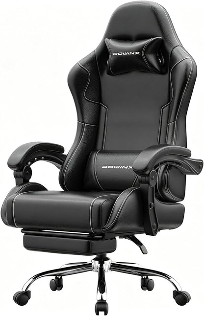 Dowinx Gaming Chair with Footrest, 330lbs Computer Chair 2D Lift Linkage Armrest, Massage Lumbar, Height Adjustable Ergonomic Comfy Video Game Chairs for Home Office Streaming, Long Gaming, Black