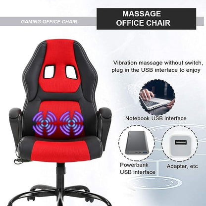 Gaming Chair Ergonomic Office Chair Racing Desk Chair Massage PU Leather Adjustable Chair with Lumbar Support Headrest Armrest Task Rolling Swivel Computer Chair for Adults(Red)