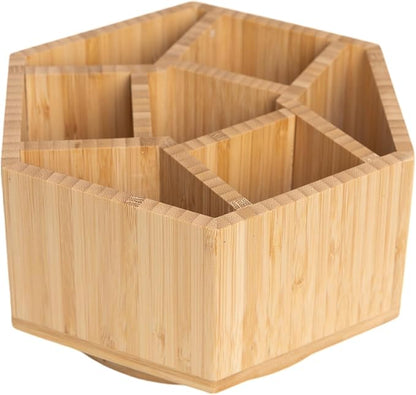 360° Rotating Bamboo Desk Organizer Hexagon Art Supply Holder Office Storage for Colored Pencils, Crayons, Paint Brushes, and Makeup Cosmetics