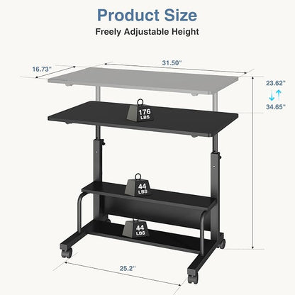 DUMOS 31.5" Mobile Rolling Desk with 2-Tier Storage Shelves, Height Adjustable Computer Desks on Wheels, Portable Rolling Laptop Table for Small Spaces & Home Office Black