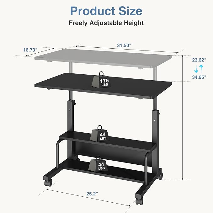 DUMOS 31.5" Walking Pad Desk, Portable Adjustable Height Rolling Laptop Desk with Lockable Wheels, Mobile Stand Up Computer Workstation for Treadmill Home Office Black