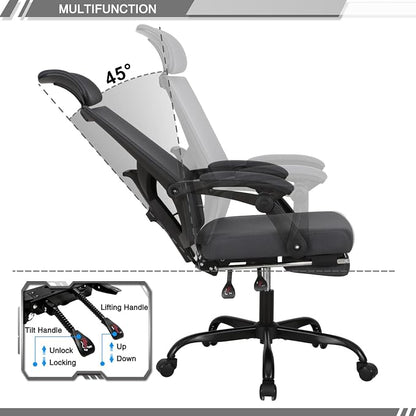 Qulomvs Mesh Ergonomic Office Chair with Footrest Home Office Desk Chair with Headrest and Backrest Adjustable Computer Executive Desk Chair with Wheels 360 Swivel Task Chair