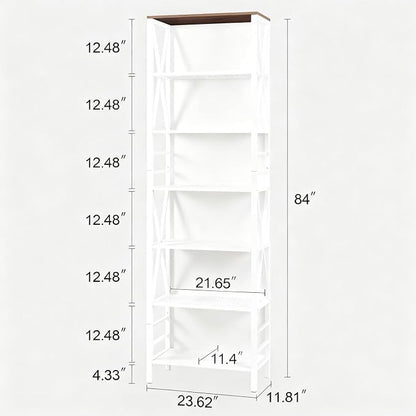HOMISSUE Bookshelf, 7-Tier Bookshelf, Rustic Wood Metal Bookshelves and Bookcases, Freestanding Open Bookshelf, Industrial Tall Bookcase for Home Office, Living Room and Bedroom, White