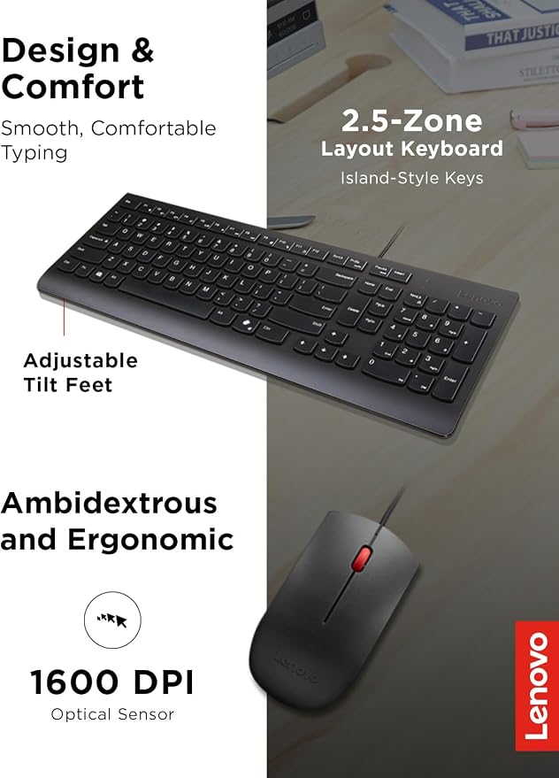 Lenovo Essential Wired Keyboard & Mouse Combo - US English, Adjustable Feet, Spill Resistant Keys, Full Size Ambidextrous Optical Mouse, 1600 DPI, Black