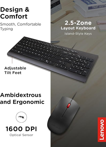 Lenovo Essential Wired Keyboard & Mouse Combo - US English, Adjustable Feet, Spill Resistant Keys, Full Size Ambidextrous Optical Mouse, 1600 DPI, Black