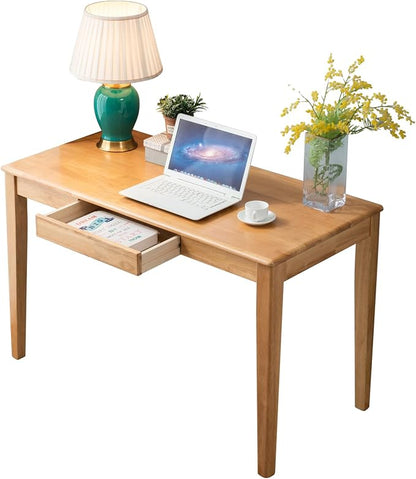Solid Wood Desk with Drawer, Wooden Home Office Desk for Work, Student Computer Desk for Small Spaces, Gaming Study PC Desk for Bedroom, Easy to Assemble (Teak Color 47 inch)