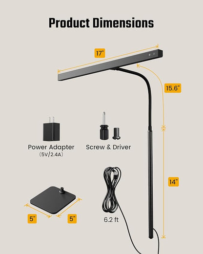 SUPERDANNY LED Desk Lamp for Home Office, Eye-Caring Desk Light with Base, 12W Touch Control 3 Colors Dimmable Brightness, Gooseneck Architect Lamp for Computer Monitor Reading Workbench, Black