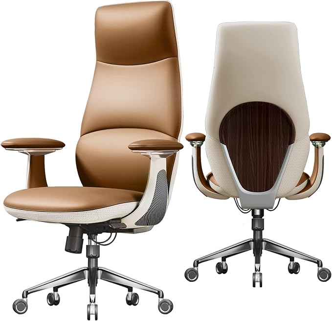 Ergonomic Genuine Leather Office Chair, Executive Chair with Tilt Adjustable High Back and Lumbar Support, 400lbs Weight Capacity Metal Base with 360° Flexible Wheels (Brown)