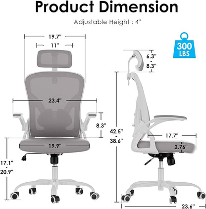 Farini Ergonomic Office Chair, Home Office Desk Chair with Headrest, High Back Swivel Computer Chair with Armrests and Adjustable Lumbar Support for Home Office Study Room, White & Grey