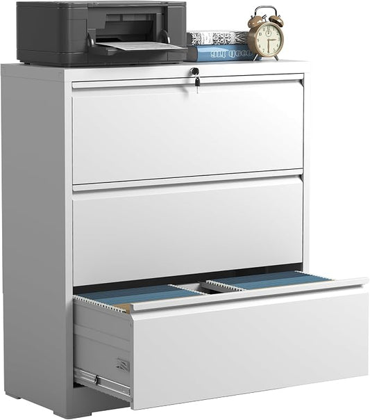 IKIMI 3 Drawer Lateral File Cabinets with Lock,White Metal Lateral Filing Cabinet for Home Office,Wide Steel Storage Cabinet Commercial Drawer Cabinet for Legal/Letter/A4 Size Files
