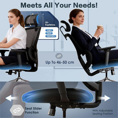 Jacia House Black Ergonomic Mesh Home Office Chair, Big & Tall Gaming Chair - High-Adjustable Lumbar Support, 4D Armrests, 2D Headrest, 90°~135° Tilting with Lock, Swivel Desk Chairs 600lb Capacity