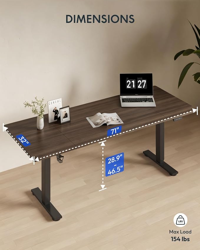 FLEXISPOT 71x32 Inch Electric Large Standing Desk for Home & Office, Spacious Splice Board Desk with Cable Management & Organizer, Cup Holder & Hook, Black Walnut