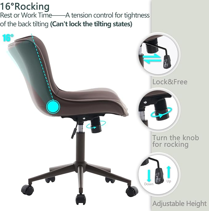 YOUTASTE Armless Office Desk Chair with Wheels, Adjustable Swivel Vanity Chair, PU Leather Upholstered, Ergonomic Back Support, Modern All Brown Computer Chair for Home Office, Bedroom, Study