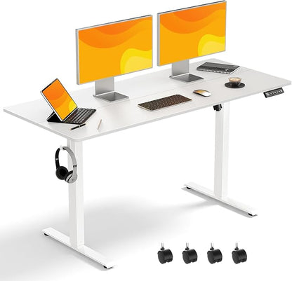 55x24 in Electric Standing Desk,Adjustable Height with Wheels,White | Spliced Desktop,27.9"–46.8" Height Range,4 Memory Presets,Lockable Wheels,Headphone Hook,Sit Stand Desk,Home Office