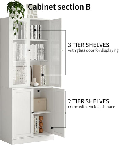 TUSY 71'' Bookshelf with Doors - 5 Tier Freestanding Tall Bookcase, Modern Storage Cabinet for Home Office, Curio Cabinets with Glass Door for Living Room(1, White)