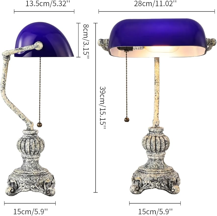 Retro Blue Glass Bankers Desk Lamp,LED Bulb Included | Home Office Library with Pull Chain Switch Plug in Fixture