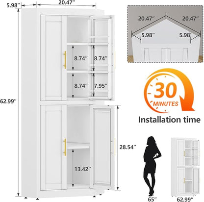 GAIOUS 63" Tall Metal Corner Kitchen Pantry Cabinet, Steel Storage Cabinets with 4 Doors and 3 Shelves, Kitchen Food Cabinets with 6 Door Panel Shelves, Farmhouse Cupboard for Kitchen Dining, White