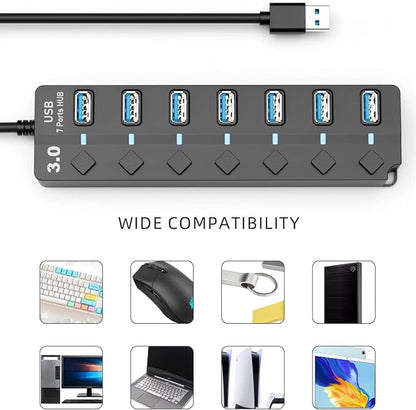 USB Hub 3.0, Eanetf 7 Port USB hub with LED Individual On/Off Switches and Extended Long Cable for MacBook, Mac Pro, Mac mini, iMac, Surface Pro, XPS, PC - 4ft
