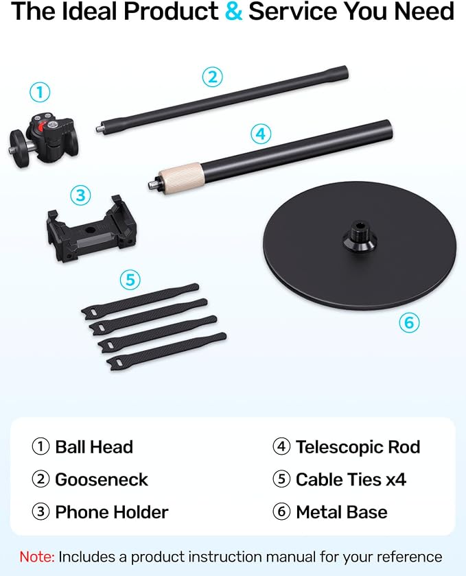 Webcam Tripod Stand with Phone Holder, Gooseneck Arm with 360° Ballhead for Desktop & Overhead Recording, Compatible with Logitech Cam C920 C922 C930e C960 C615 BRIO NexiGo N60 with 1/4'' Thread