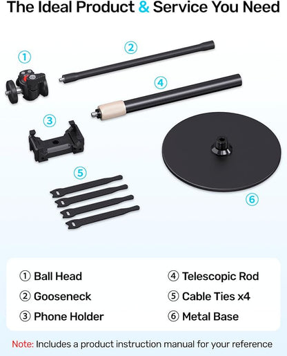 Webcam Tripod Stand with Phone Holder, Gooseneck Arm with 360° Ballhead for Desktop & Overhead Recording, Compatible with Logitech Cam C920 C922 C930e C960 C615 BRIO NexiGo N60 with 1/4'' Thread