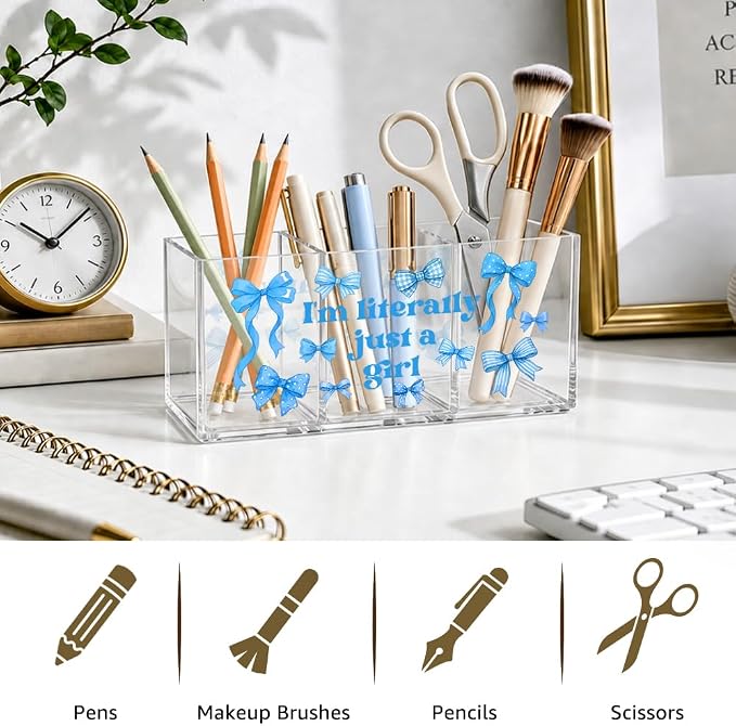 I'm Literally Just A Girl Acrylic Cosmetic Organizer Pen Holder, Blue Bow Desk Vanity Organizers Accessories With 3 Compartments, Birthday Appreciation Gifts for Bestie Sister Bow Lovers BBF