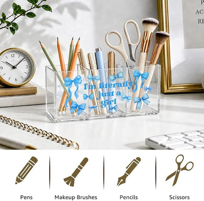 I'm Literally Just A Girl Acrylic Cosmetic Organizer Pen Holder, Blue Bow Desk Vanity Organizers Accessories With 3 Compartments, Birthday Appreciation Gifts for Bestie Sister Bow Lovers BBF