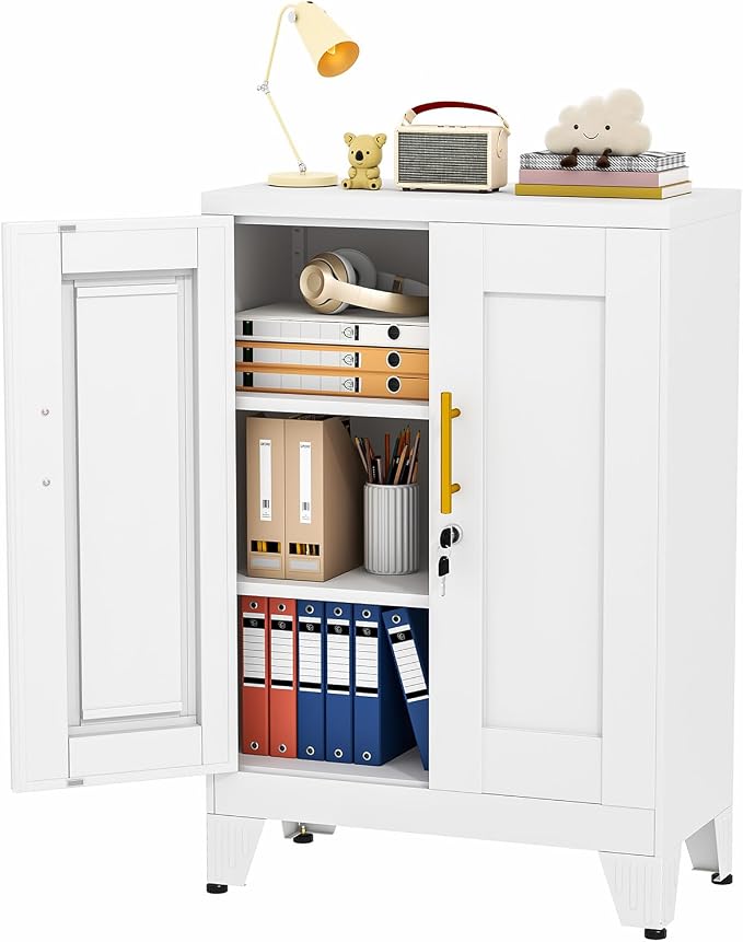 pozdeg 35.43" Lockable Metal Storage Cabinet, Steel Locker File Cabinet with 2 Doors ＆ 2 Adjustable Shelves, Multi-Purpose Organizer for Home, Office File Storage & Garage Locker (White)